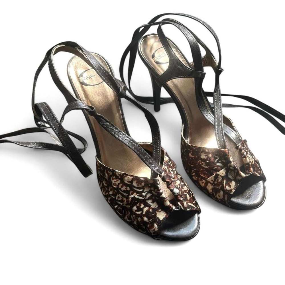 2000s Roberto Just Cavalli Gold and Brown animal snake print lace up heels